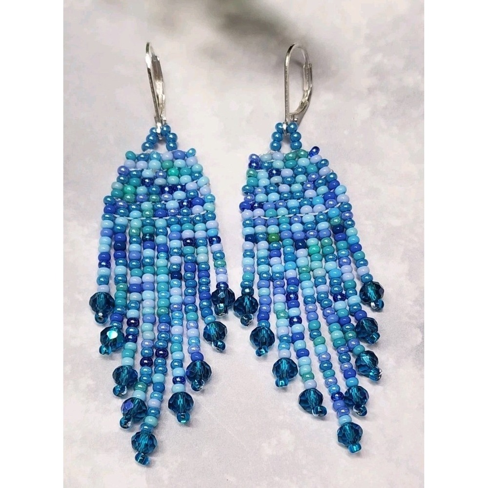 Handmade Blue Beaded Fringe Earrings with Genuine Crystals & Seed Beads
